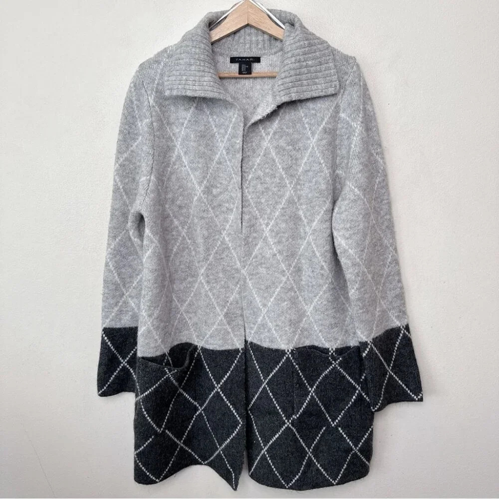 Tahari Womens Xlarge Argyle Long Grey Open Cardigan - Picture 3 of 15
